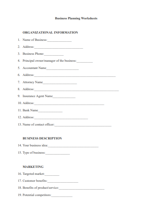 business plan worksheet pdf