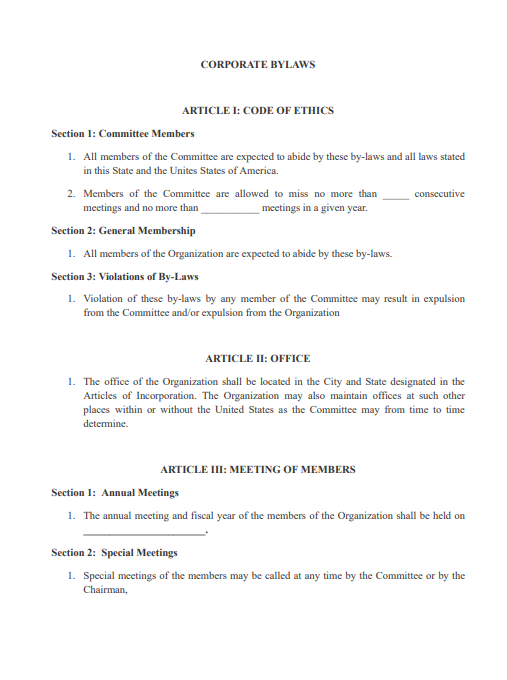 corporate bylaws document pdf
