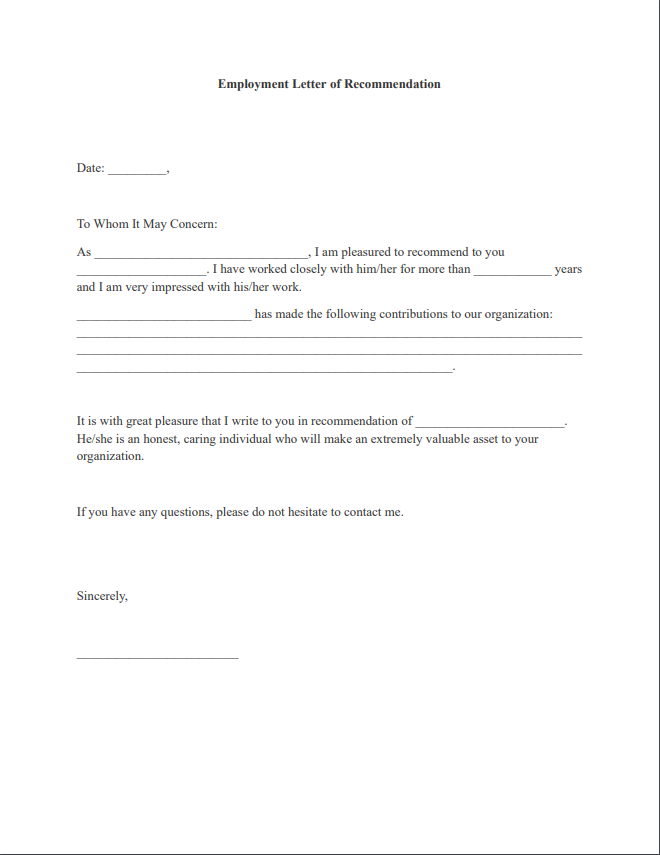 employment letter of recommendation pdf